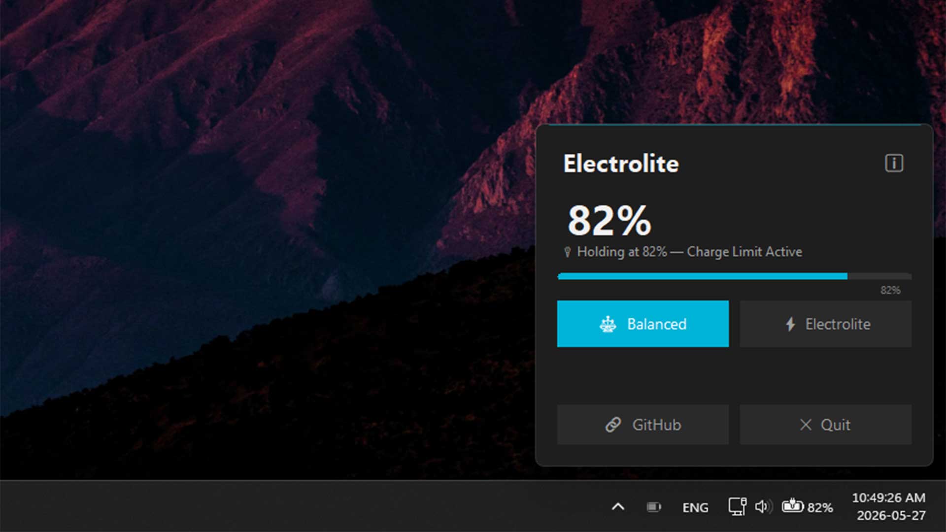 Screenshot of Electrolite in Balanced mode, holding charge at 80% with a teal progress bar and status indicators
