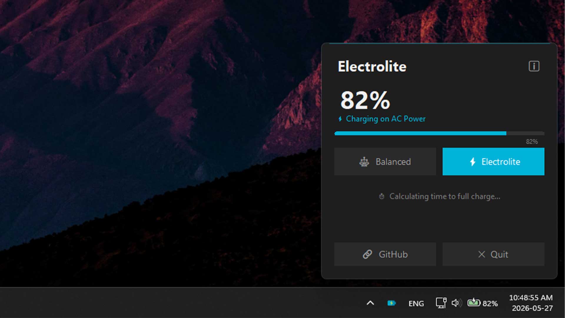 Screenshot of Electrolite in Electrolite mode, charging to 100% with the charge limit removed