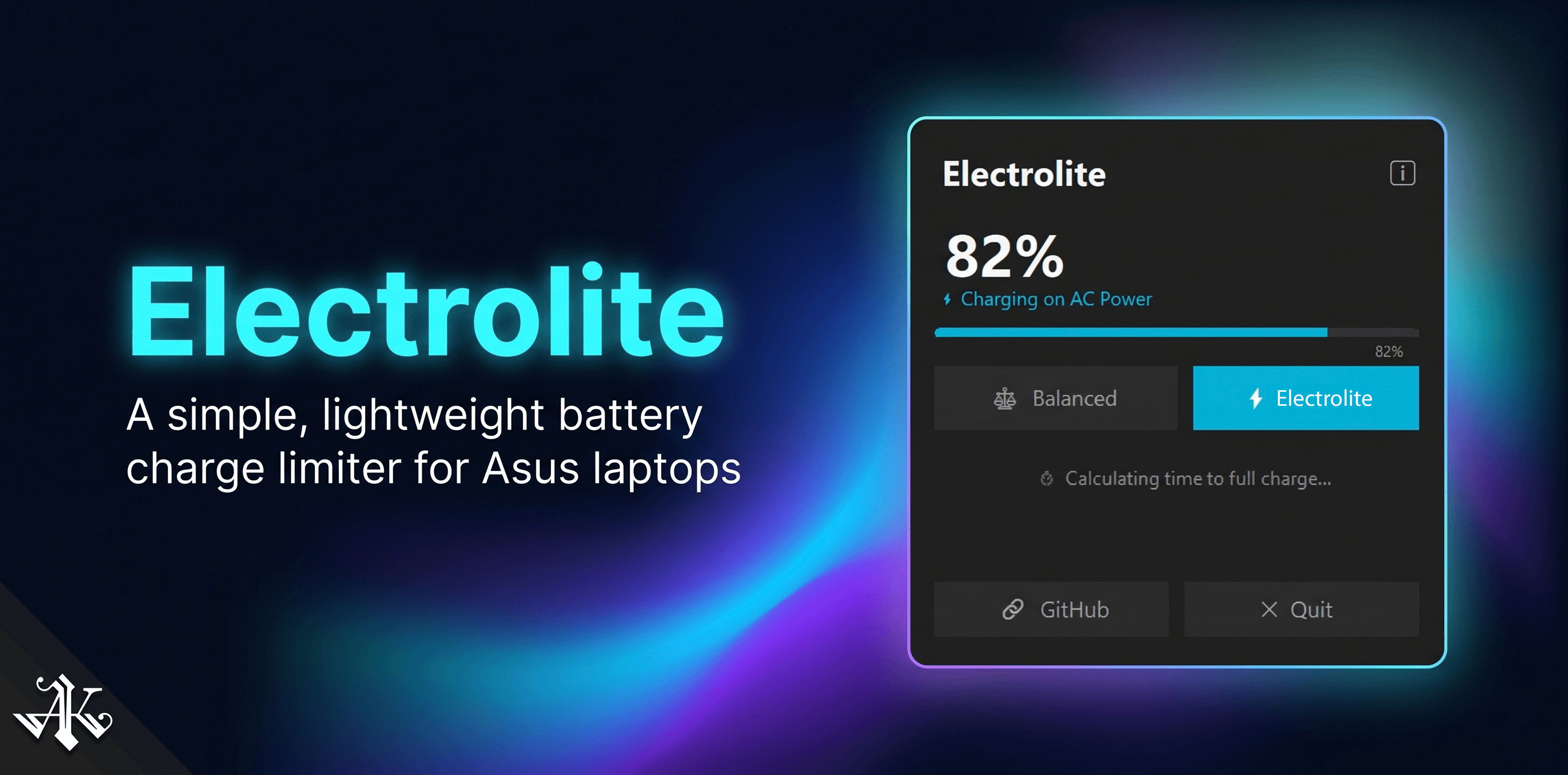Electrolite application screenshot showing the flyout dashboard with battery percentage and mode toggle